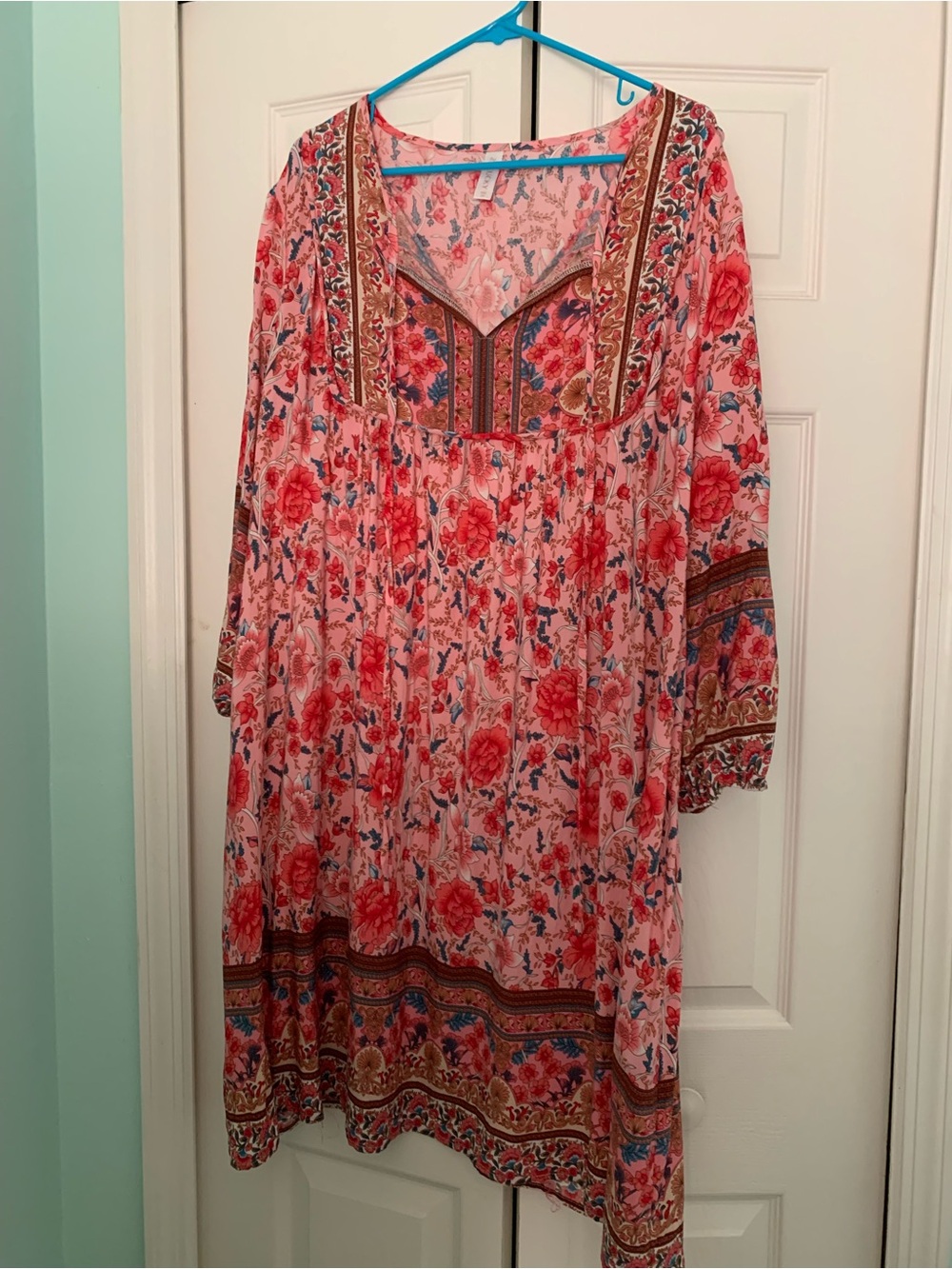 ZoLucky Brand Boho Coral Pink Floral Border-Trim Long Sleeve Dress 2X